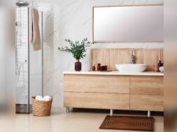 Modern bathroom interior with stylish mirror and vessel sink