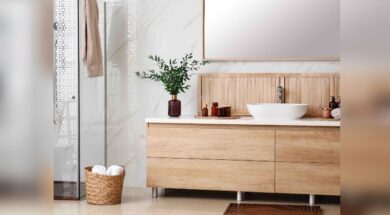 Modern bathroom interior with stylish mirror and vessel sink